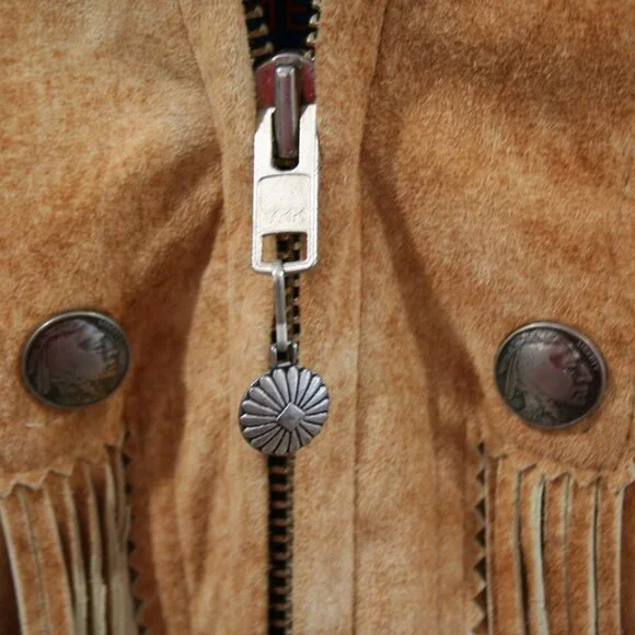 Tribe America Tan Genuine Suede Leather, Fringe along the yoke and sleeves Sz 10 - Picture 7 of 14